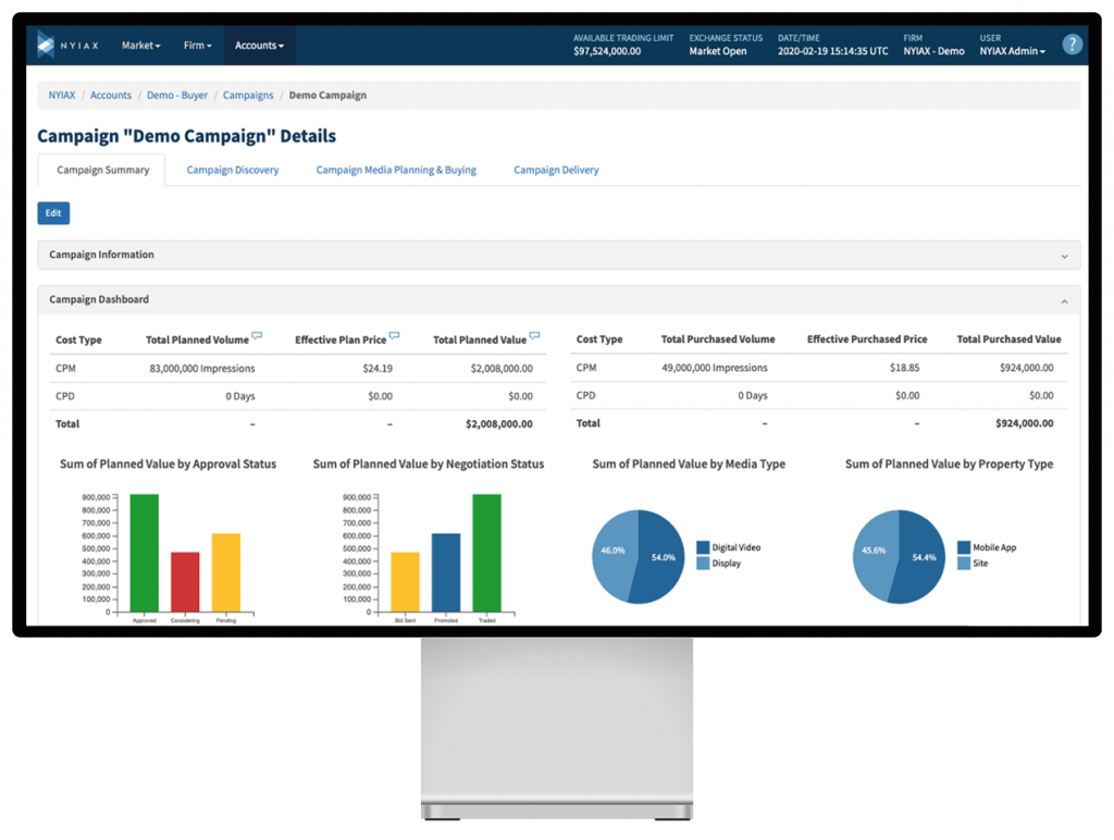Buyer screen on a desktop with statistics